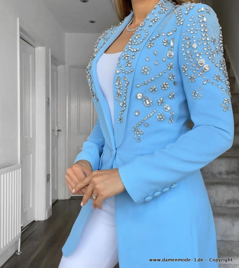 Eleganter Damen Blazer in Blau Mit Kristall Applikationen