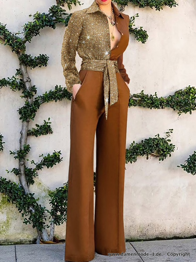 Eleganter Glitzer Jumpsuit Overall in Gold Braun