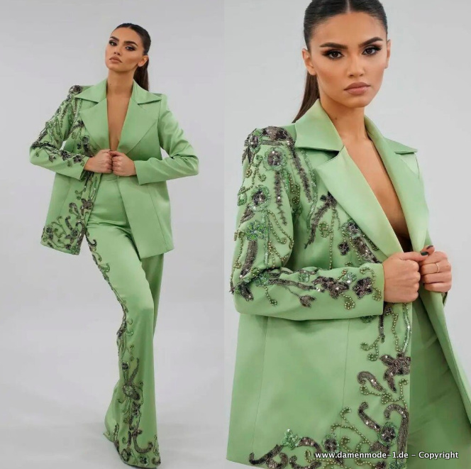 Eleganter Hosenanzug für Damen in Grün mit Blumen Pailletten Stickereien