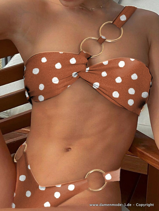 Sexy One Shoulder Bikini in Braun Gepunktet