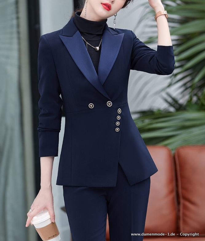 Business Outfit Damen Hosenanzug mit Reverskragen in Marineblau