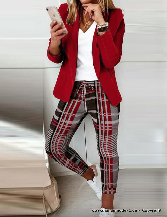 Damenoutfit Zweiteiler Elegant Karierte Leggings mit Blazer in Rot