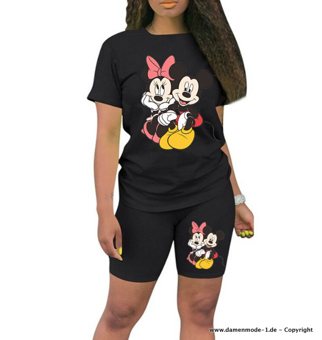 Disney Mickey Minnie Maus Cartoon Print Sommer Outfit Zweiteiler in Schwarz