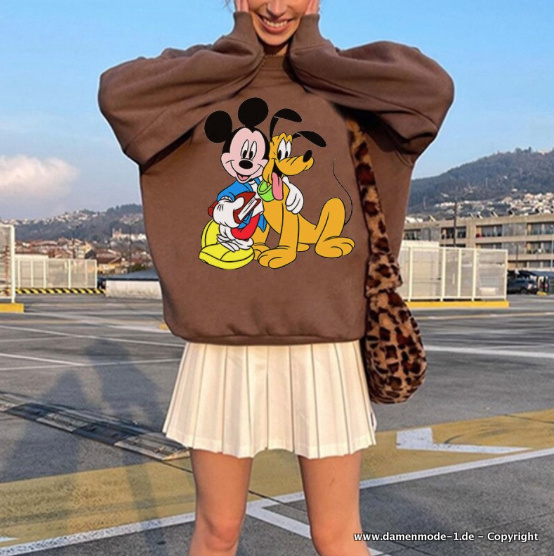 Disney Mickey Und Pluto Damen Pullover Braun