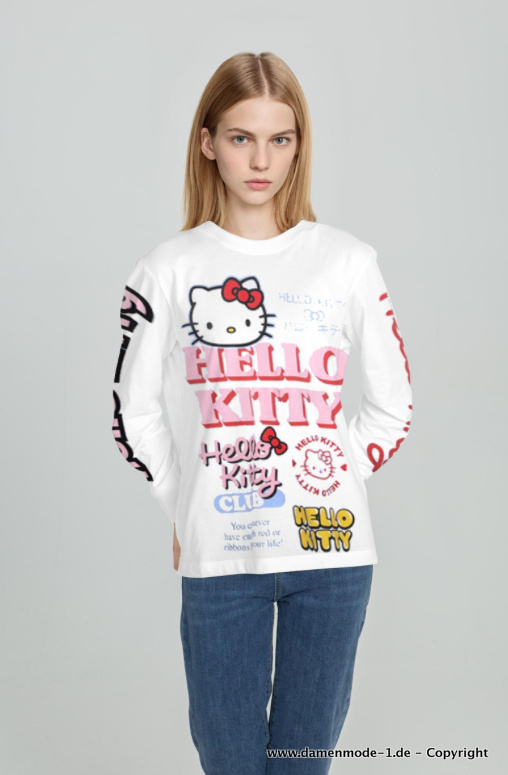Hello Kitty Cartoon Print Damen Pullover Weiß