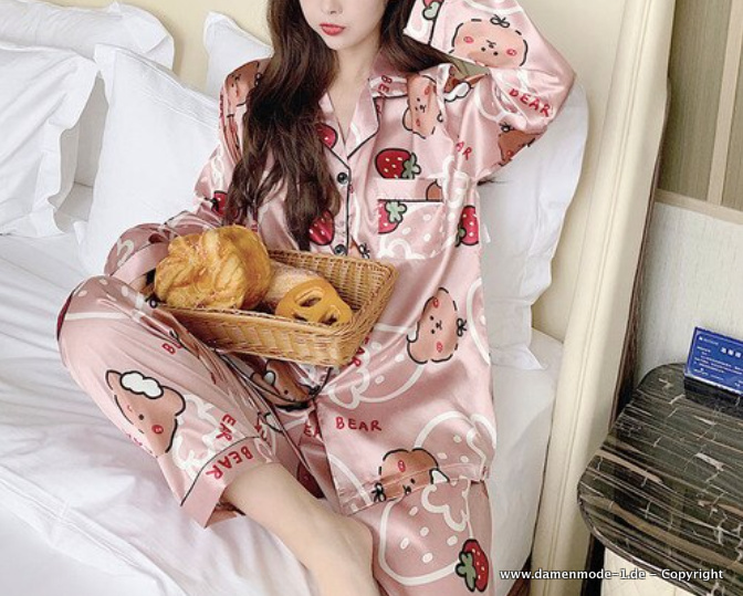 Bear Print Langarm Schlafanzug Pyjama in Rosa