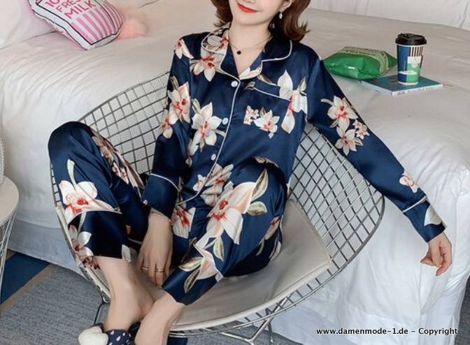 Blumen Print Langarm Schlafanzug Pyjama in Blau