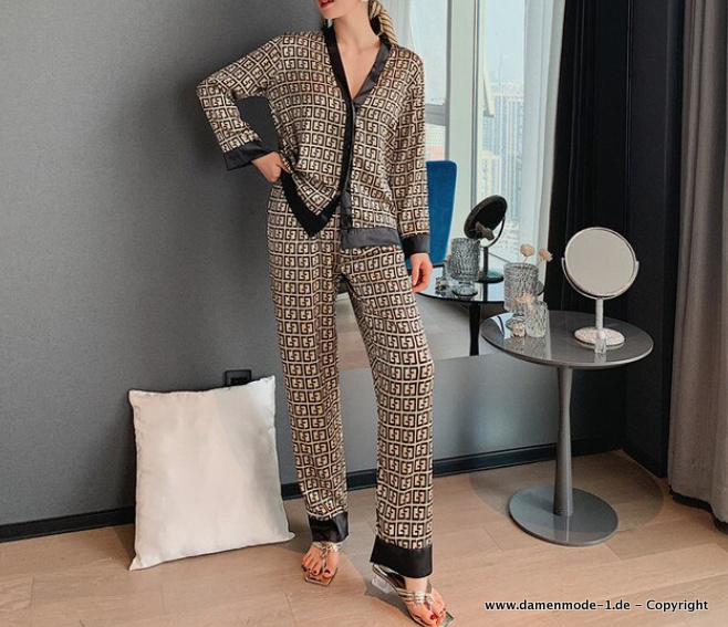 Damen Pyjamas Set mit V Ausschnitt Champagne Gold