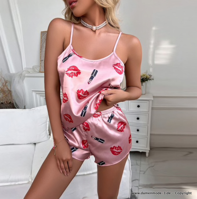 Sexy Damen Pyjamas Set Kurz mit Spaghettiträger in Rosa Lippen Print 