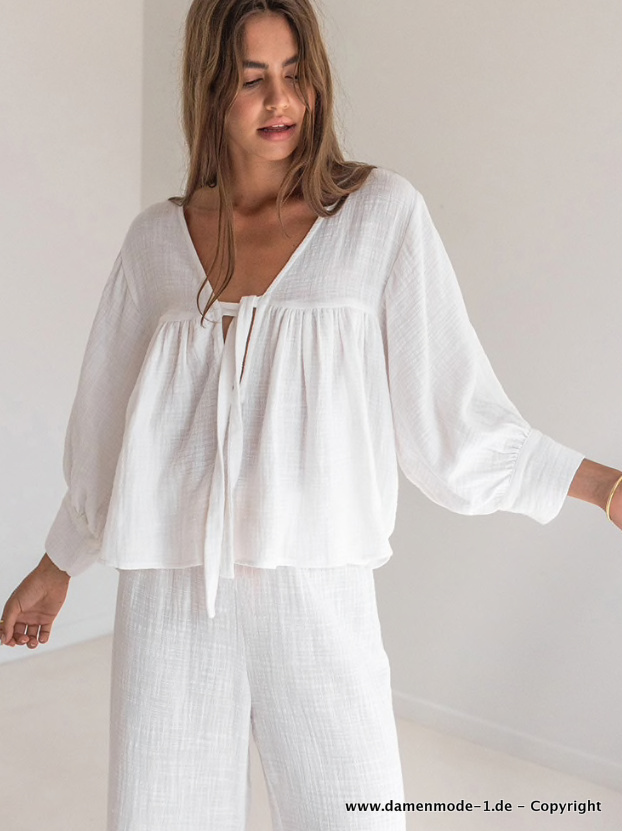Langarm Baumwoll Pyjama Schlafanzug in Weiß