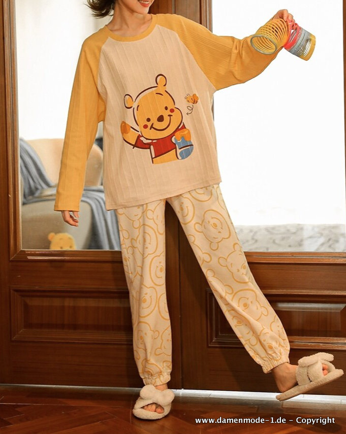 Winnie the Pooh Print Damen Pyjama Schlafanzug in Gelb
