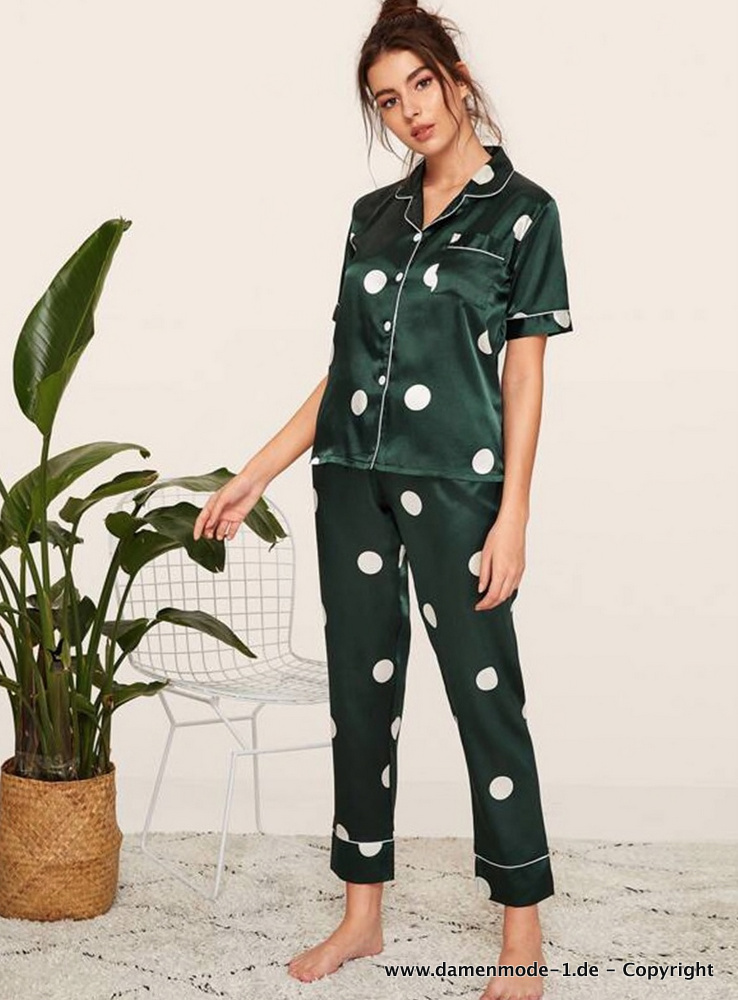 Kurzarm Satin Damen Pyjama Schlafanzug in Grün Gepunktet