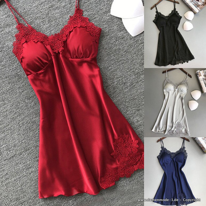 Sexy Nachthemd Nachtwäsche mit Spitze in Rot Schwarz Silber oder Blau
