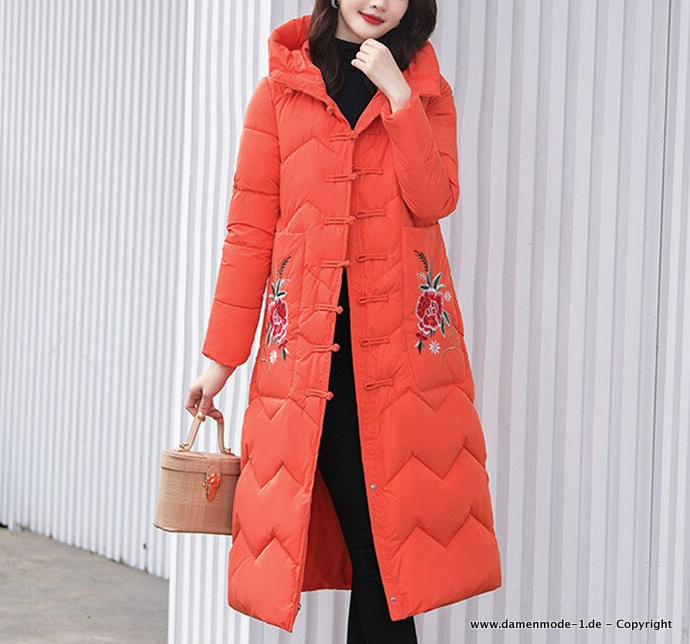 Langer Wintermantel für Damen in Orange mit Blumen Stick