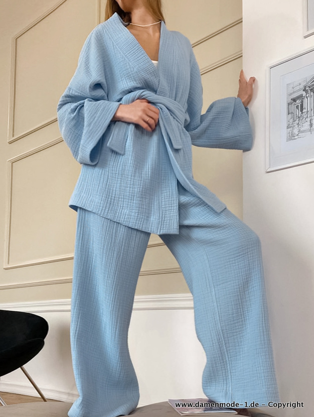 Baumwoll Schlafanzug Hausanzug zum Binden in Hellblau