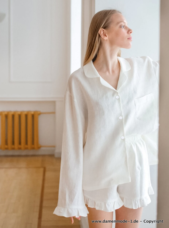 Langarm Baumwoll Pyjama mit Kurze Hose in Weiß