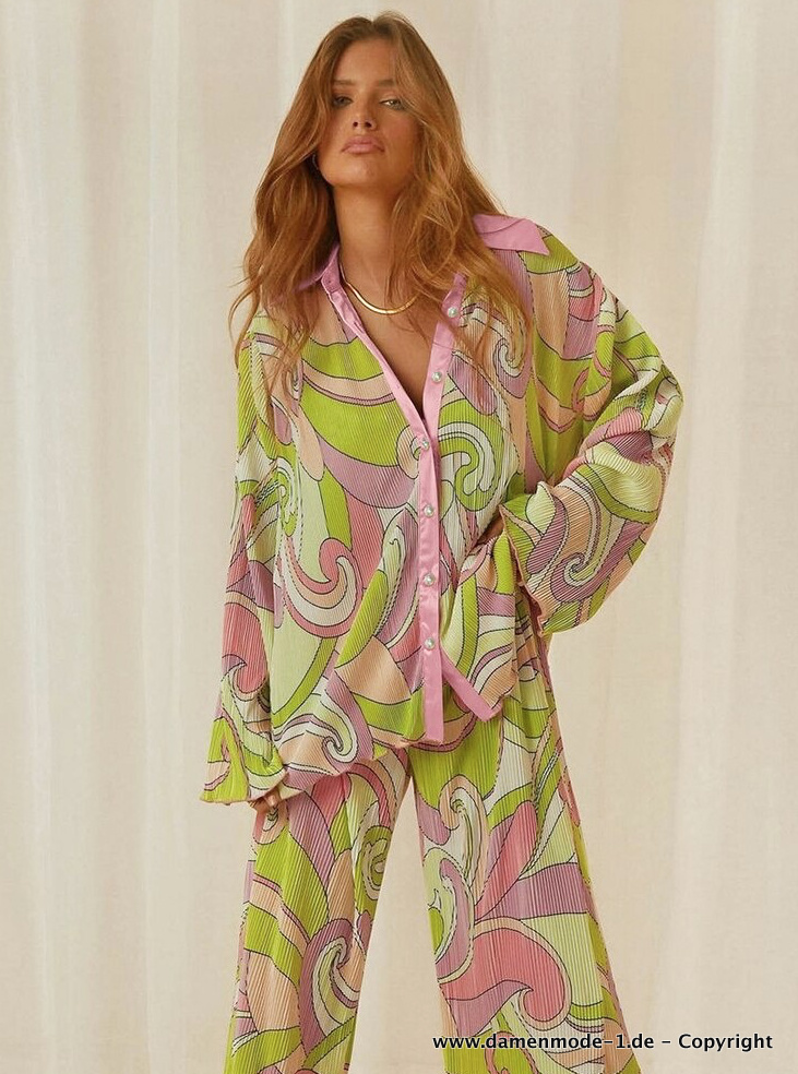 Retro Print Schlafanzug Pyjama Lang in Grün