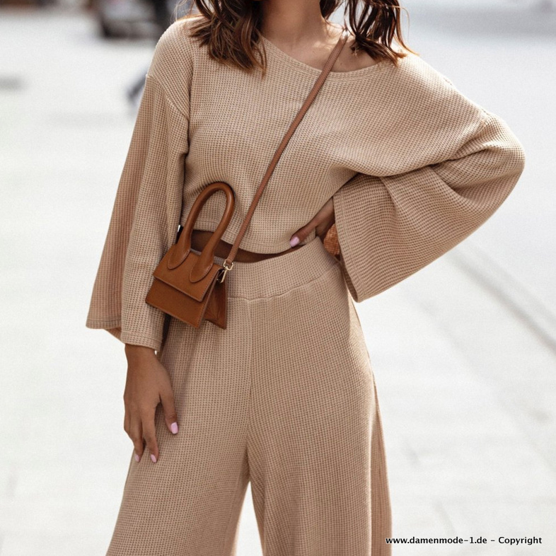 Herbst Frühling Sommeroutfit Zweiteiler Gestrickt in Beige