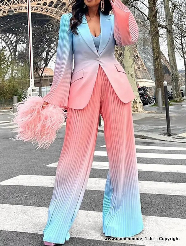 Regenbogen Plissee Hosenanzug Elegant Rosa Blau