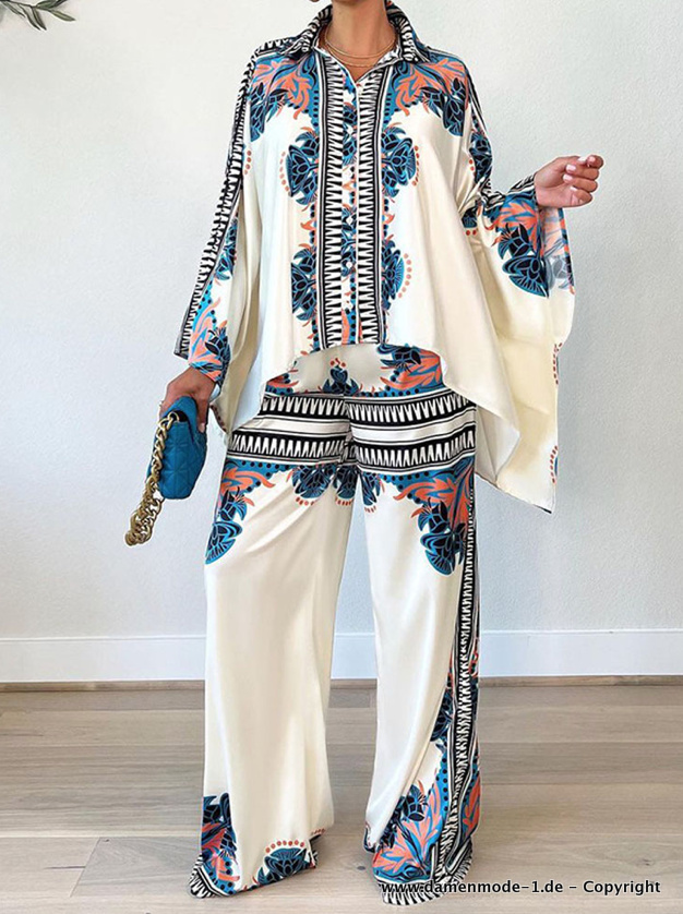 Vintage Print Zweiteiler Outfit Elegant in Weiß Blau