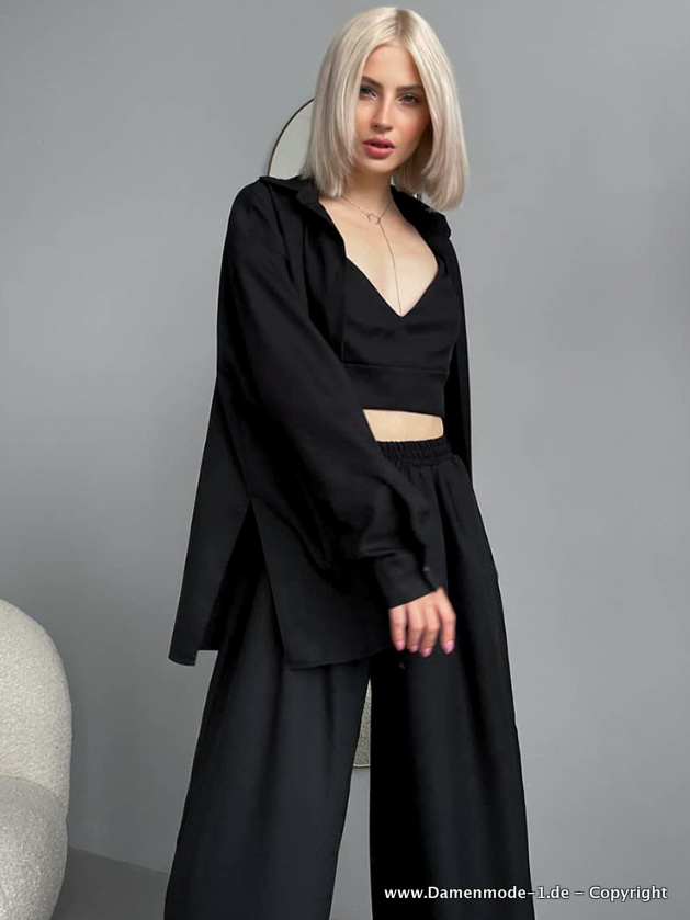 Damen Pyjama Schlafanzug Dreiteilig in Schwarz