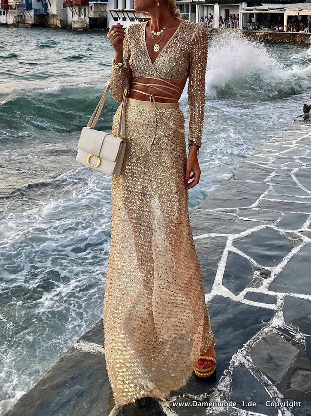 Sexy Glitzer Gold Zweiteiler Party Outfit für Damen