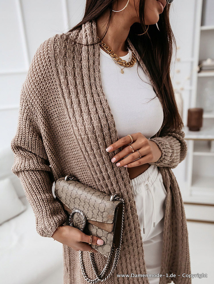 Lange Strickjacke Cardigan Elegant in Braun