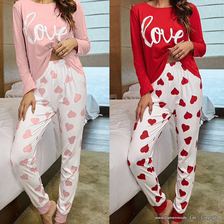 Baumwoll Schlafanzug Pyjama in Rot oder Rosa für Damen
