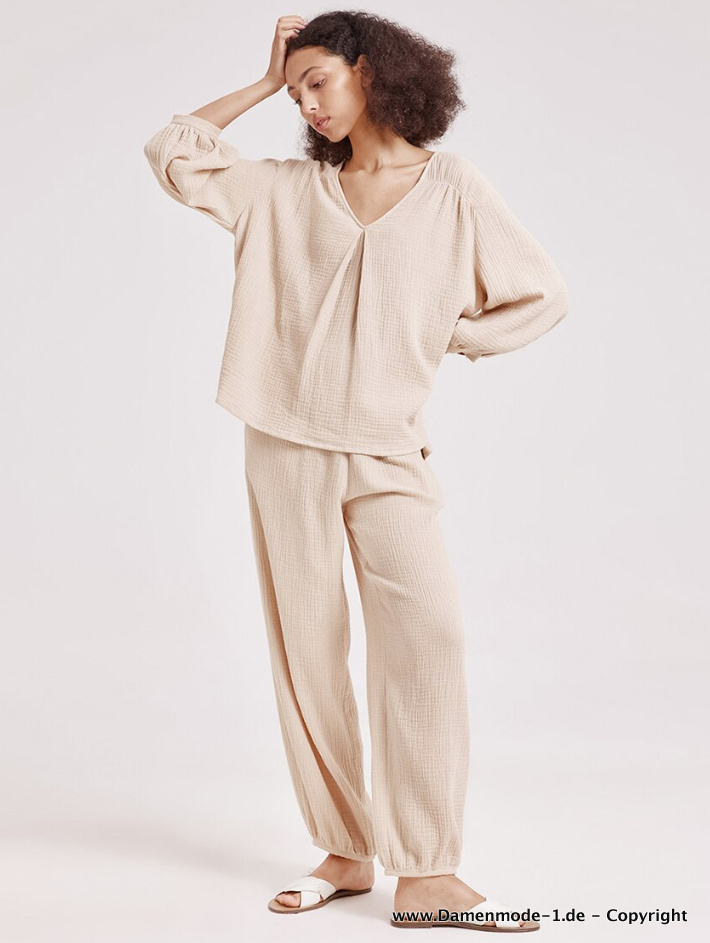 Baumwolle Pyjama Schlafanzug in Beige Creme