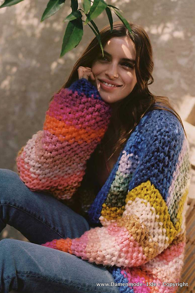 Regenbogen Cardigan Strickjacke Langarm Bunt