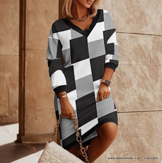 Damen Sweatshirt Kleid Elegant mit V-ausschnitt Kariert