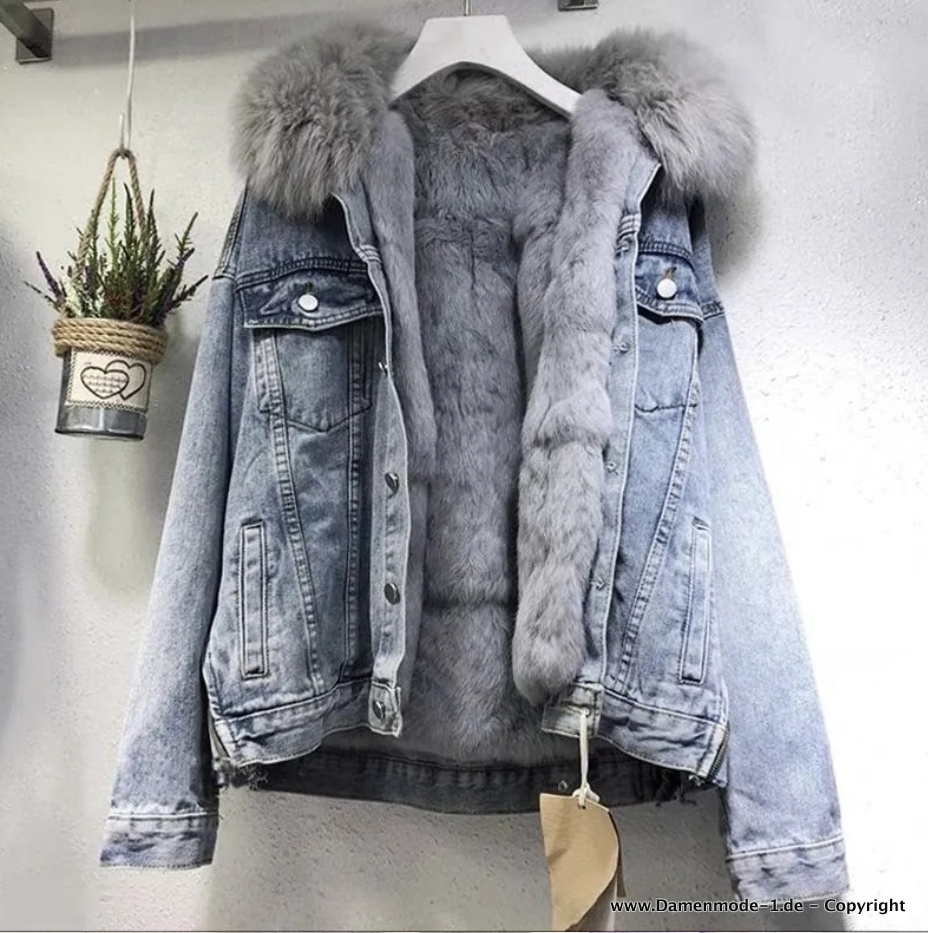 Warme Winter Jeans Jacke 2023 mit Kunstpelz Gefüttert Blau Grau