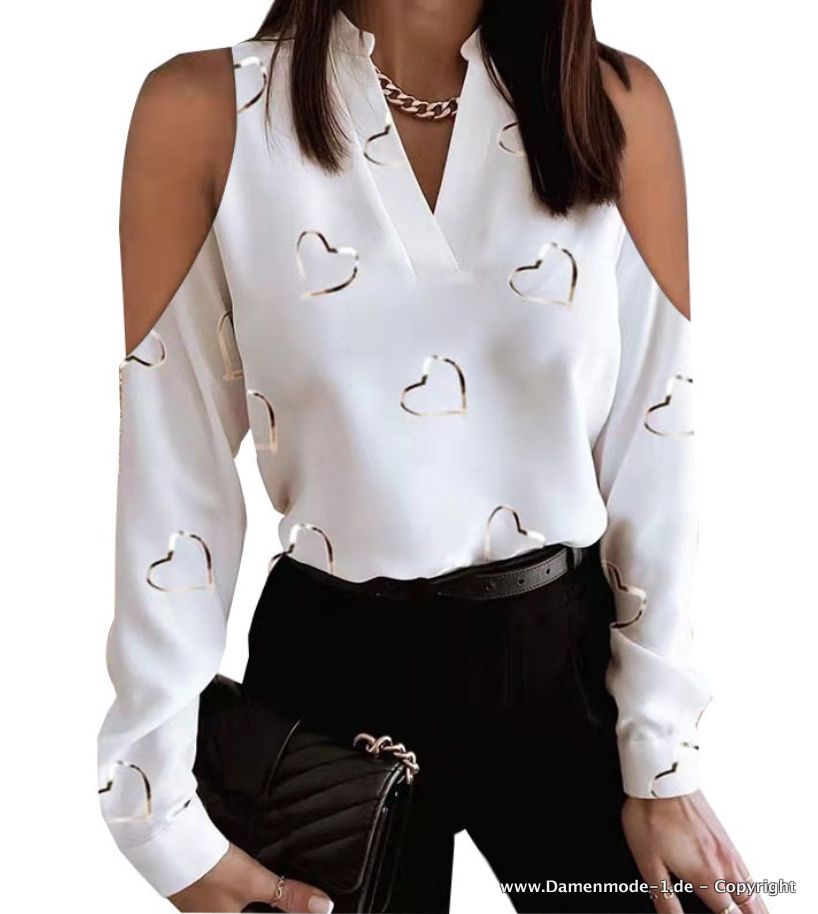  Damen Bluse mit Sexy Cut Out Schulter in Weiß