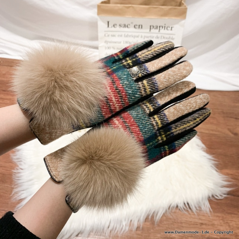 Damen Touchscreen Winter Kaschmir Handschuhe mit Perle und Pom Pom Kariert Bunt