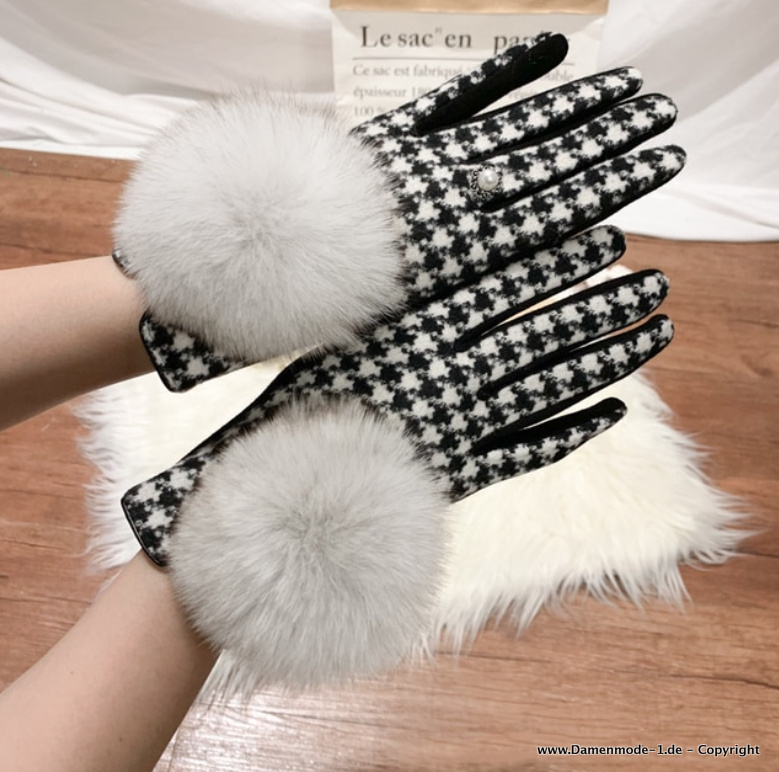 Damen Touchscreen Winter Kaschmir Handschuhe mit Perle und Pom Pom Schwarz Weiß