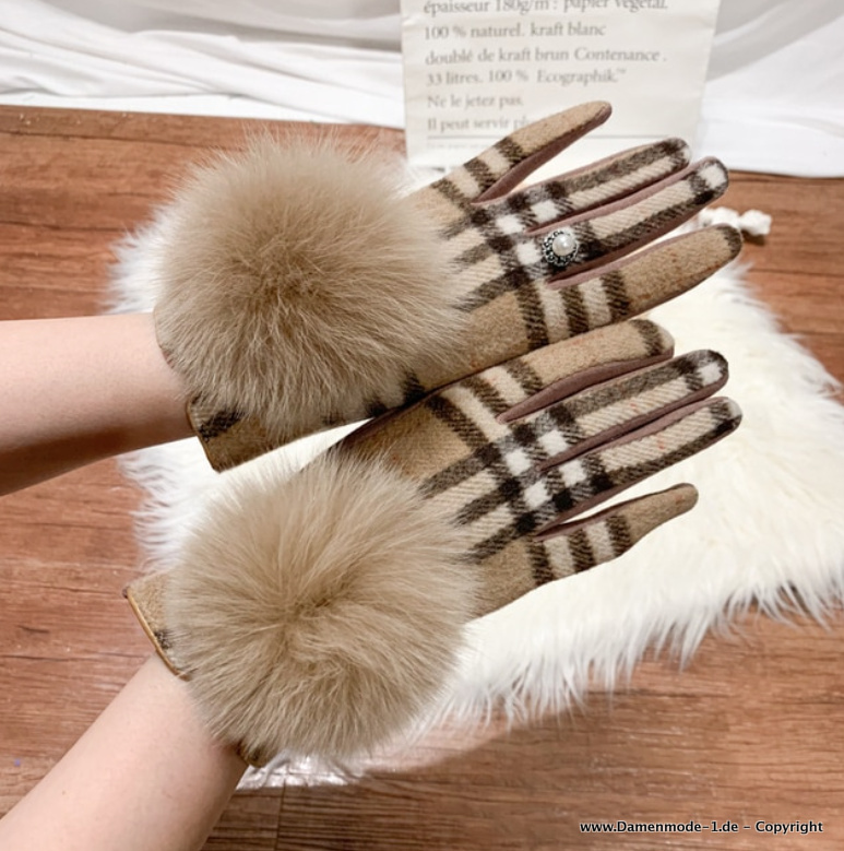 Damen Touchscreen Winter Kaschmir Handschuhe mit Perle und Pom Pom Braun Kariert