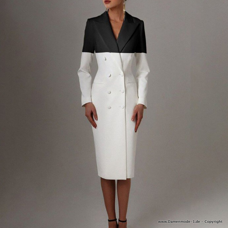 Langer Zweireiher Patchwork Damen Mantel in Schwarz Weiß