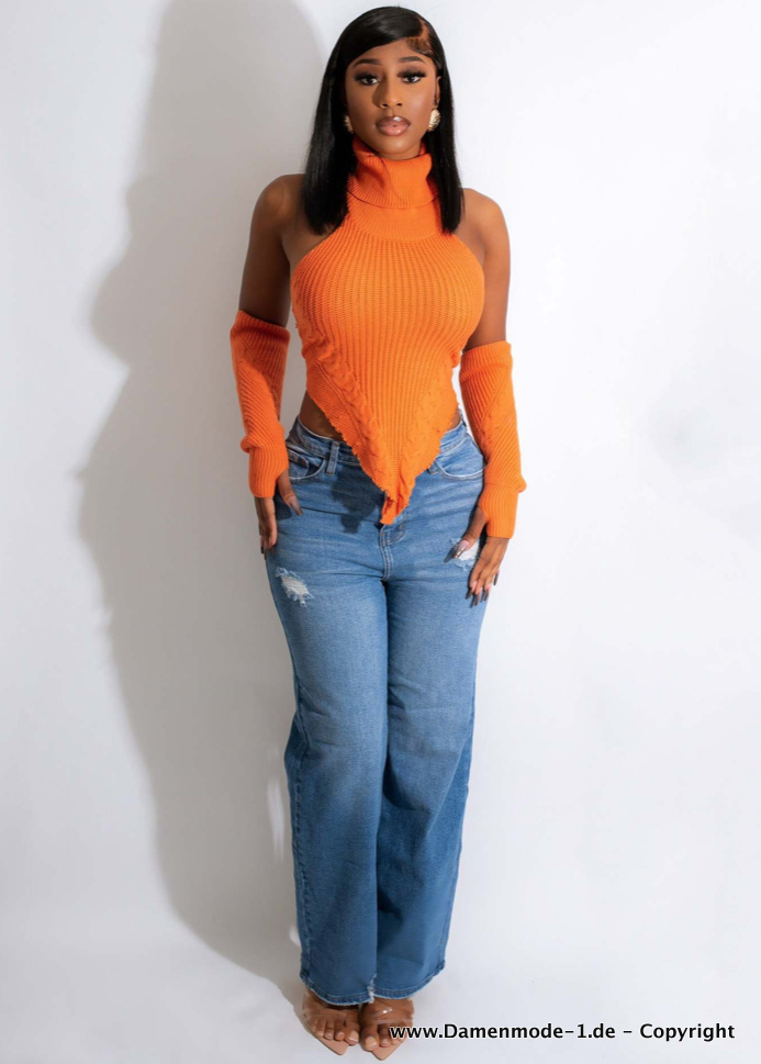 Sexy Damen Neckholder Strick Pullover Mit Cut Out und Stulpen Orange