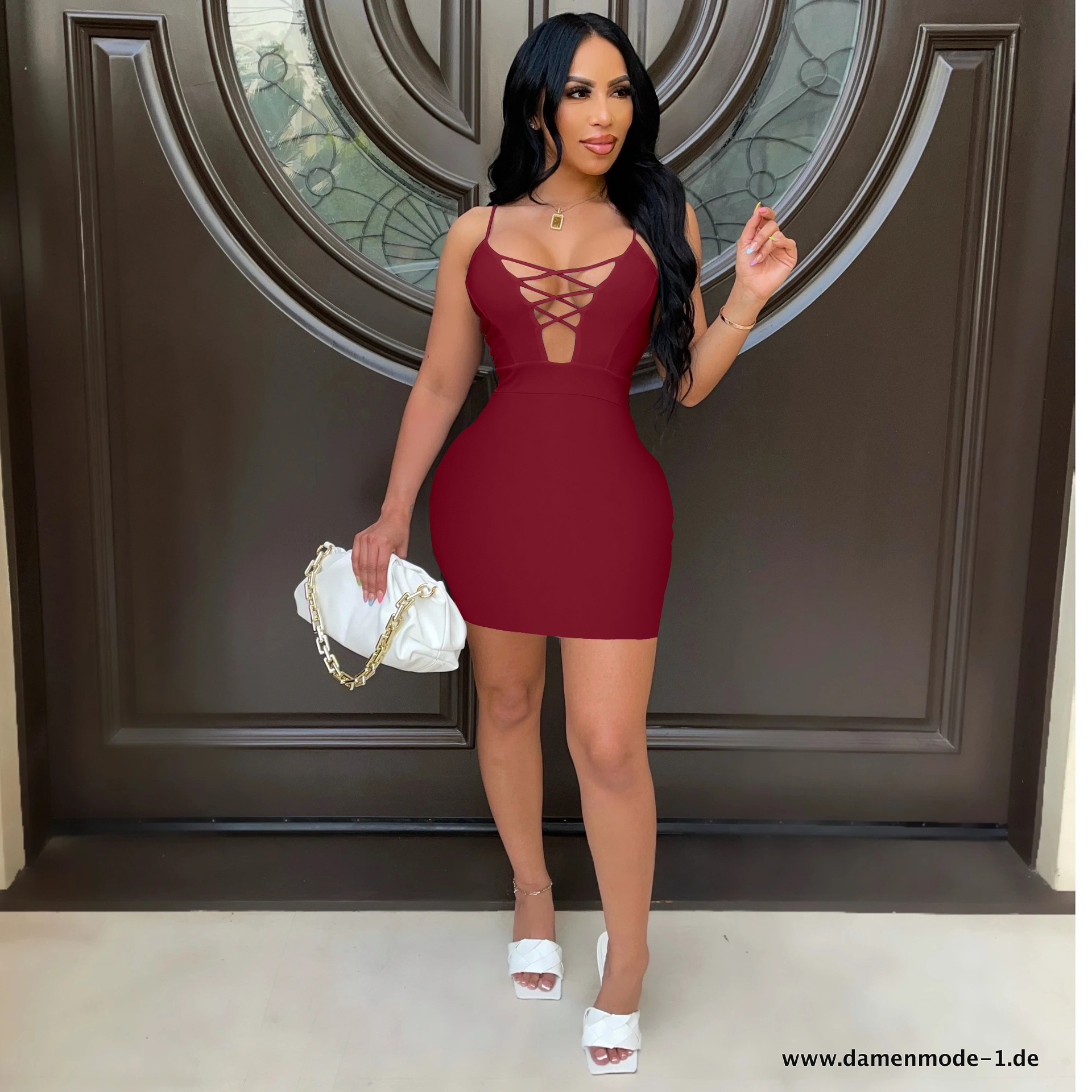 Spaghetti Bodycon Midi Kleid Pencil Kleid in Dunkelrot