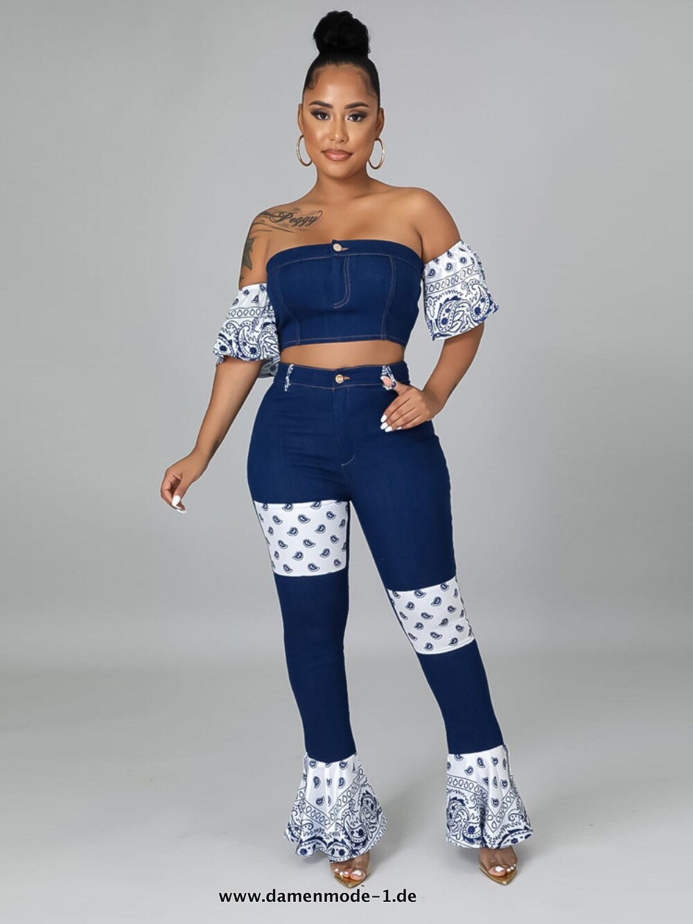 Jeans Hose Set für Damen Sommer mit Schulterfreiem Crop Top Blau