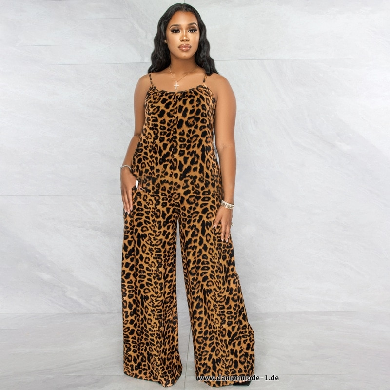 Leopard Print Jumpsuit mit Spaghettiträger  und breitem Bein in Braun