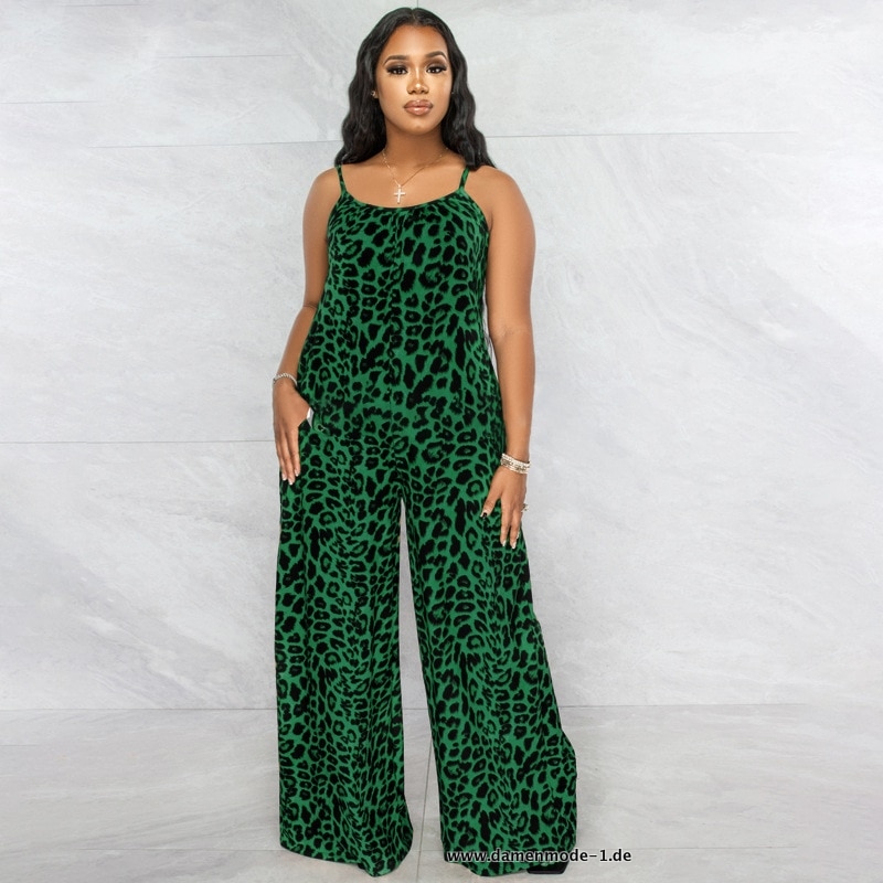 Leopard Print Jumpsuit mit Spaghettiträger  und breitem Bein in Grün