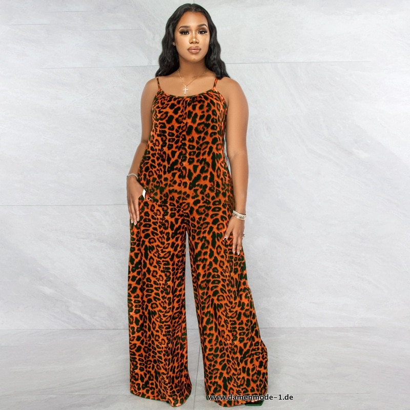 Leopard Print Jumpsuit mit Spaghettiträger  und breitem Bein in Orange
