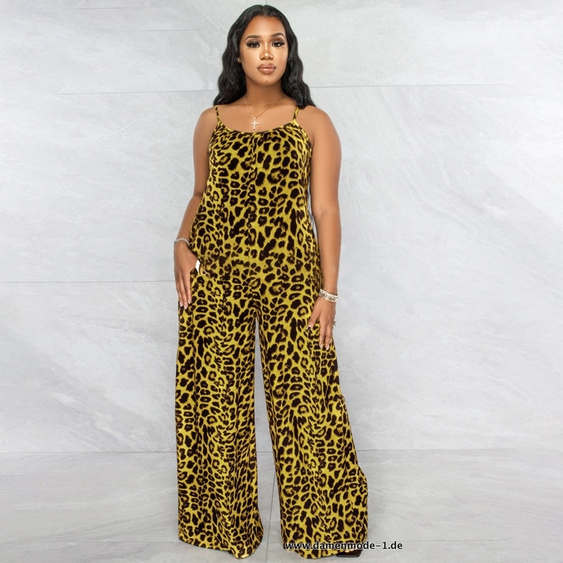 Leopard Print Jumpsuit mit Spaghettiträger  und breitem Bein in Gelb