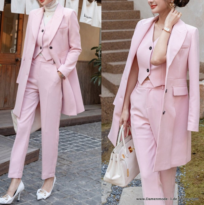 A Linie Business Hosenanzug Elegant in Rosa mit Long Blazer Dreiteilig