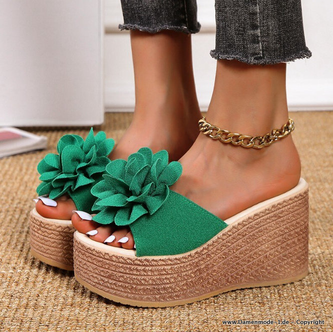 Keil Plateau Sommer Schuhe mit Blume in Grün