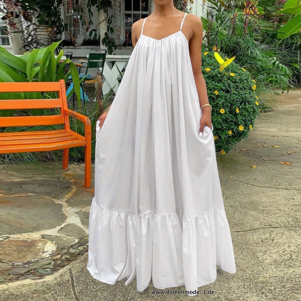 Damen Sommer Sexy Ärmelloses Rüschen Maxikleid Sommerkleid in Weiß