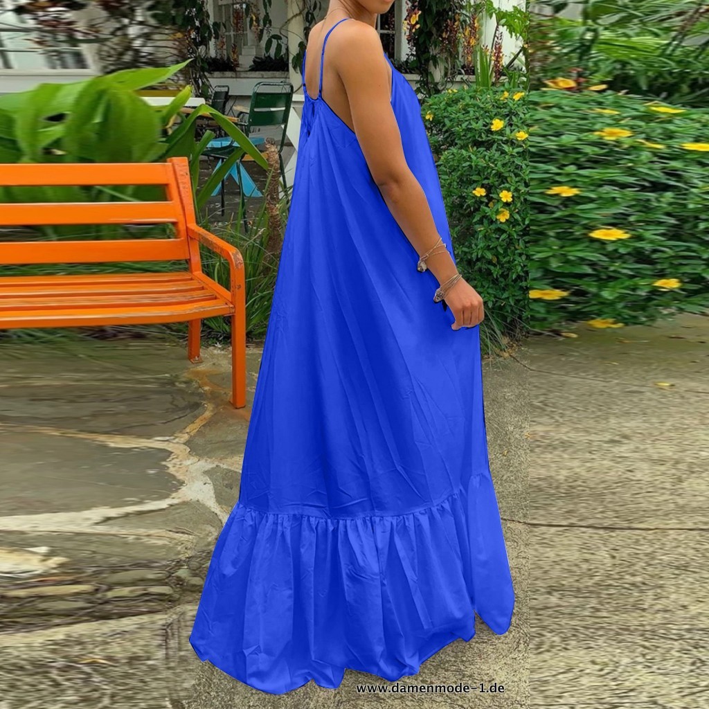 Damen Sommer Sexy Ärmelloses Rüschen Maxikleid Sommerkleid in Blau