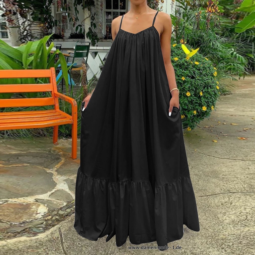 Damen Sommer Sexy Ärmelloses Rüschen Maxikleid Sommerkleid in Schwarz