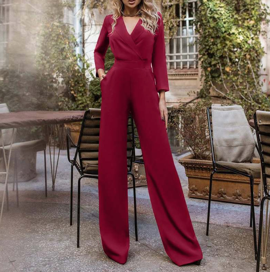 A Linie V Ausschnitt Jumpsuit Einteiler Elegant in Dunkelrot